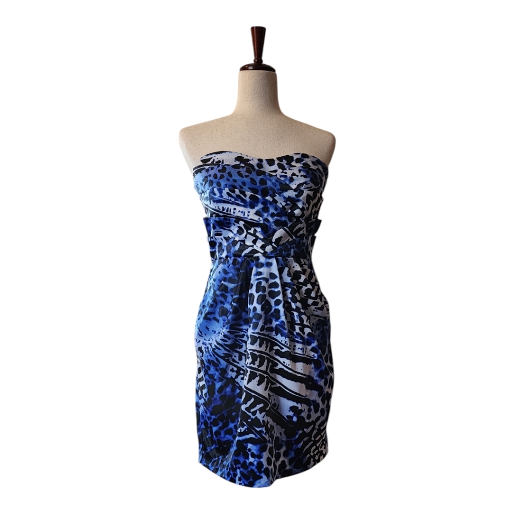 NWT Strapless Dress, Small, stretchy, blue white and black, back zip and clasp
